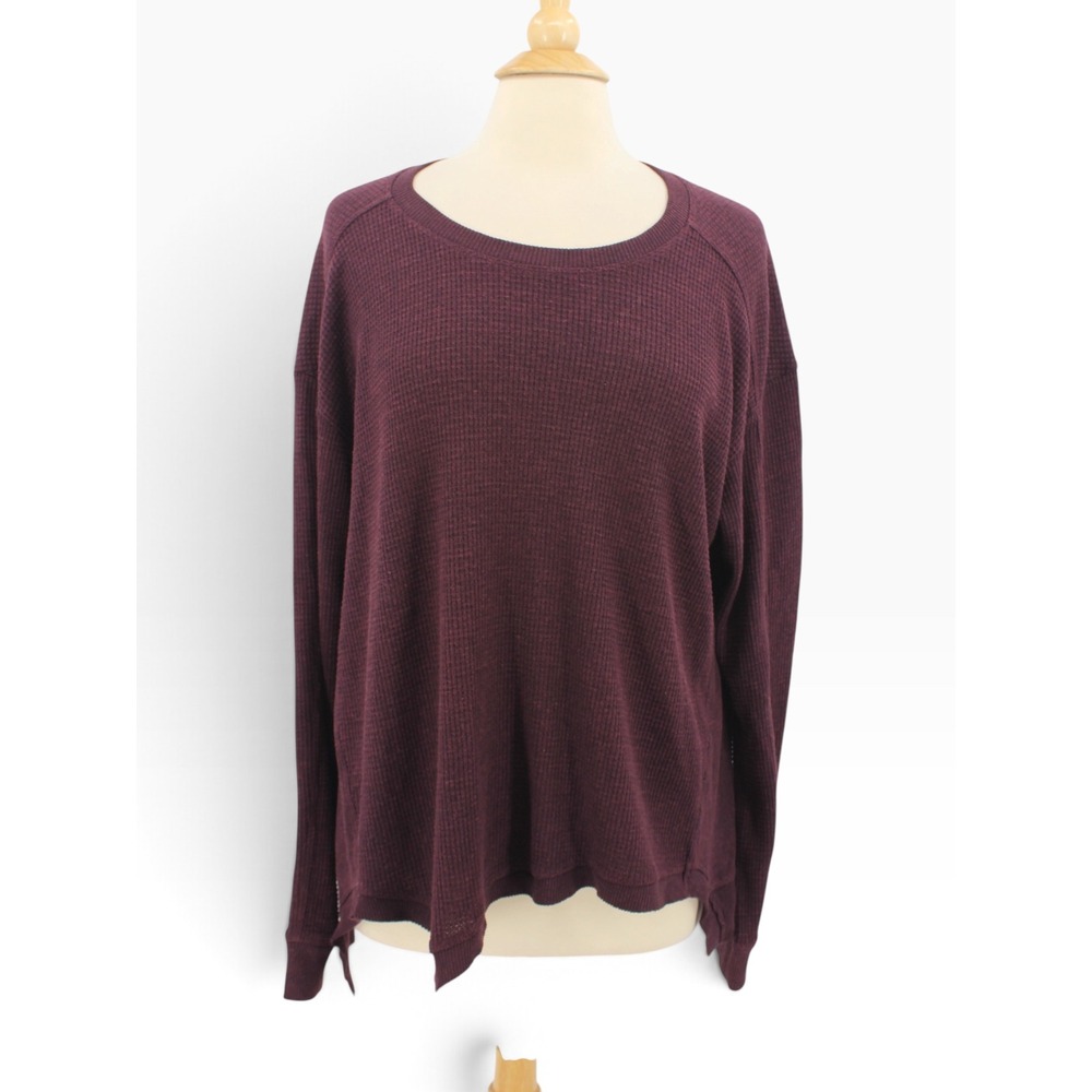 WILT Waffle Knit Thermal Top womens Large Burgundy L/S Crew Neck Relaxed Fit